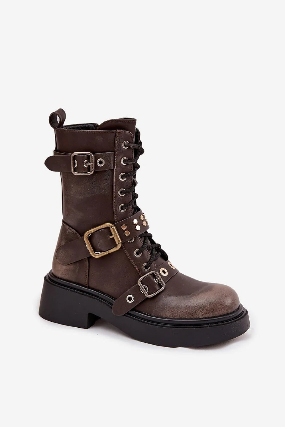 bottines femme biker cuir écologique patiné marron lacets zip latéral semelle plateforme épaisse talon bloc brides boucles réglables