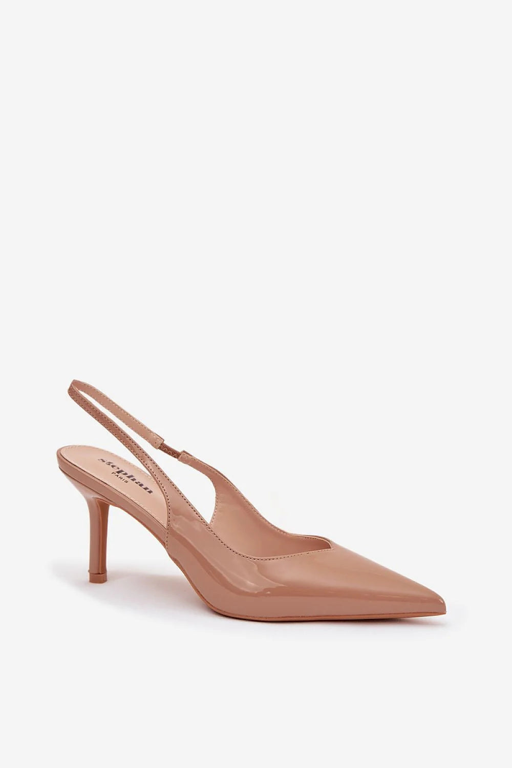 escarpins femme talons aiguilles mi hauteur 8 cm bout pointu cuir verni nude bride arrière élastiquée finition laquée minimaliste