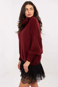 pull femme col roulé oversize bordeaux mohair acrylique nylon maille duveteuse manches ballon longues côtelées ourlet relaxed automne hiver confortable