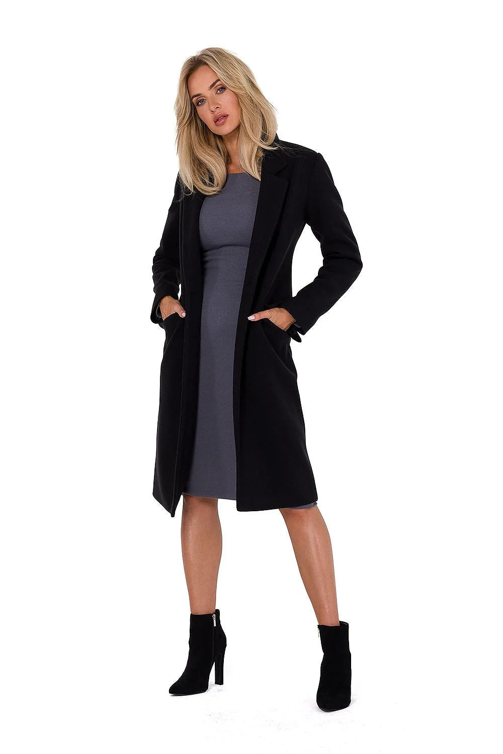 manteau femme noir long droit polaire col matelassé doublé polyester chaud doux épais élégant sophistiqué intemporel manches longues