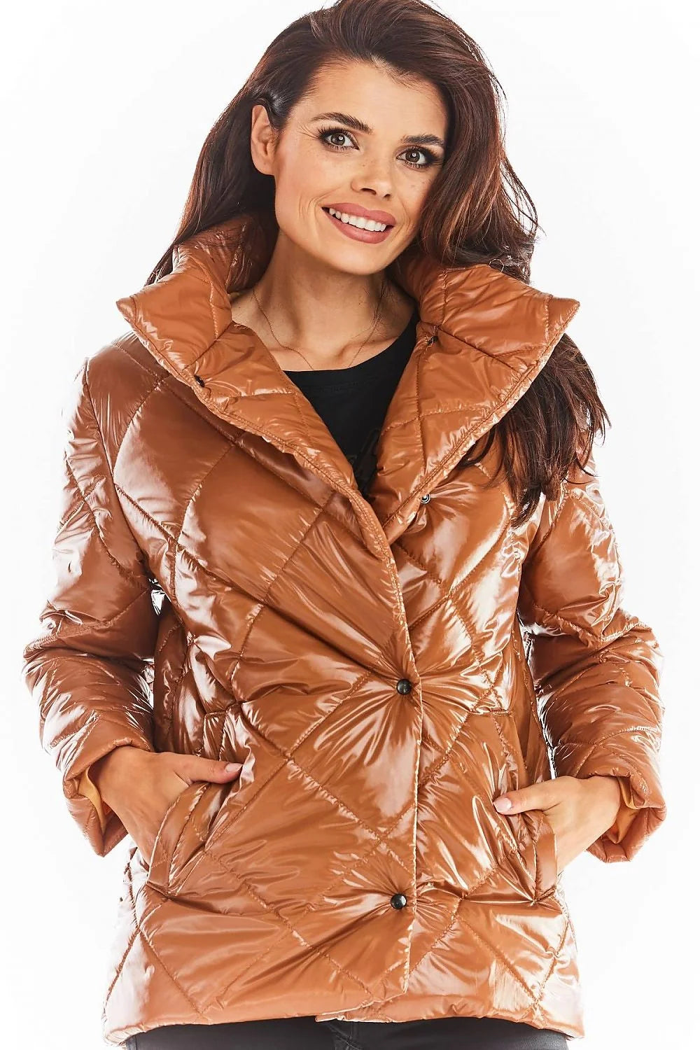 Veste matelassée femme polyester moderne élégante col relevable boutons pression poches latérales hiver stylé