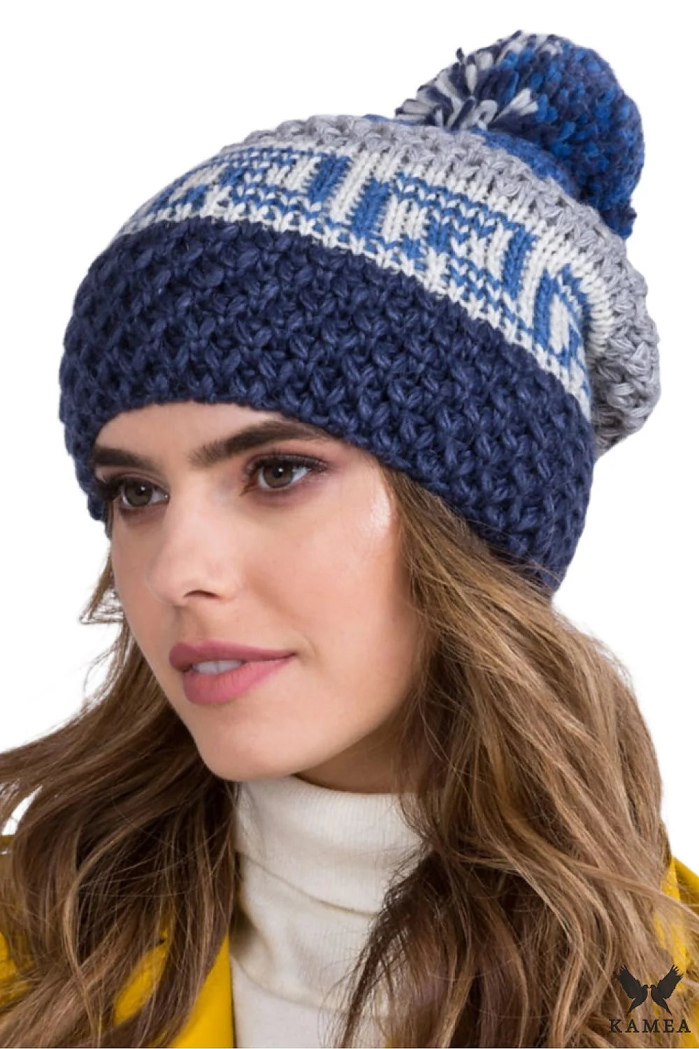 bonnet tricoté femme hiver maille épaisse pompon volumineux multicolore slouchy jacquard bleu marine gris écru doublé chaud confortable