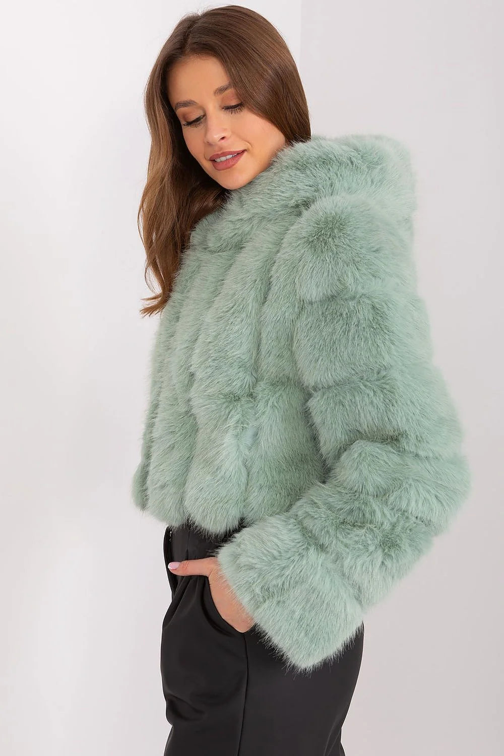 Veste élégante pour femme en fausse fourrure verte pâle coupe droite manches longues col montant polyester durable automne/hiver