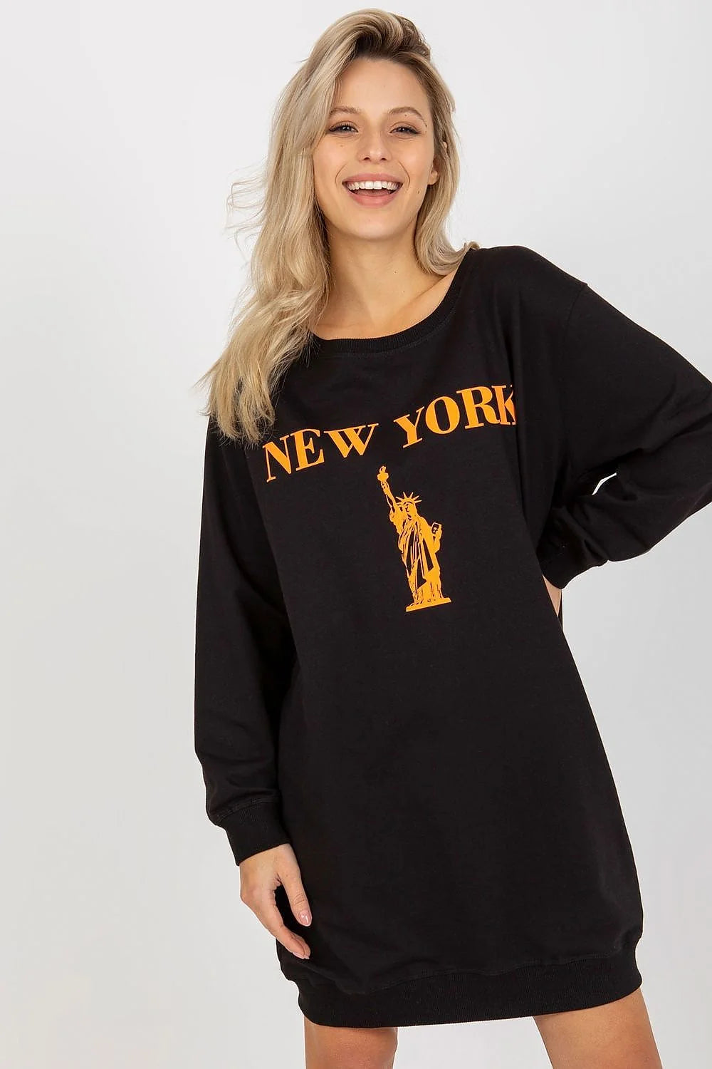 Robe sweat oversize femme style urbain graphique NEW YORK Statue de Liberté noir orange longueur midi tissu jersey confort durable