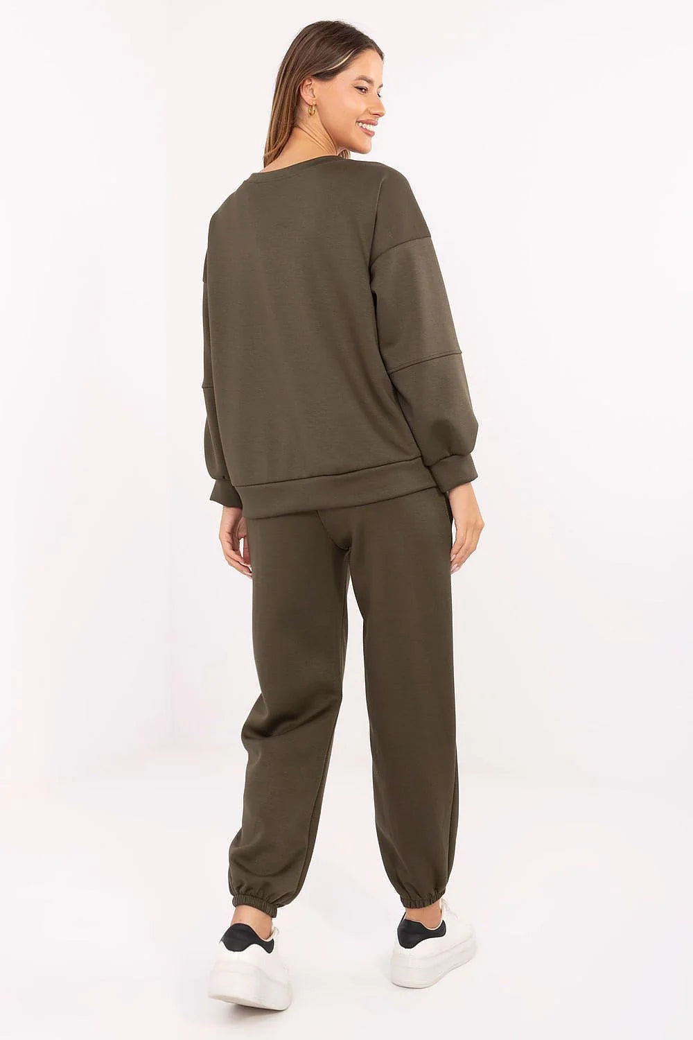 ensemble survêtement femme kaki olive sweat oversize jogging molletonné doux pull ample épaules tombantes taille haute cordon réglable