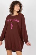 Sweatshirt femme oversize style urbain NEW YORK Statue Liberté marron chocolat longue coupe ample col rond