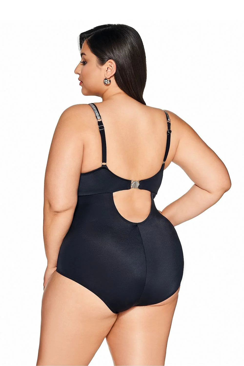 Maillot de bain une pièce Ava élégant noir métallique femmes soutien-gorge intégré fermeture dos métallique