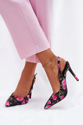 sandales talons hauts motif floral roses fond noir bout pointu slingback bride cheville fins satiné texturé coutures discrètes confortables élégantes