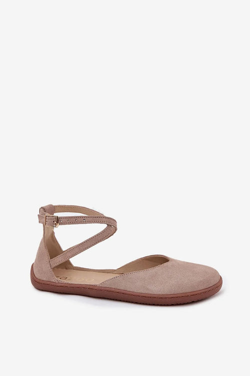 ballerines daim suédine taupe barefoot semelle flexible gomme bride réglable boucle maintien positionnement naturel femme printemps