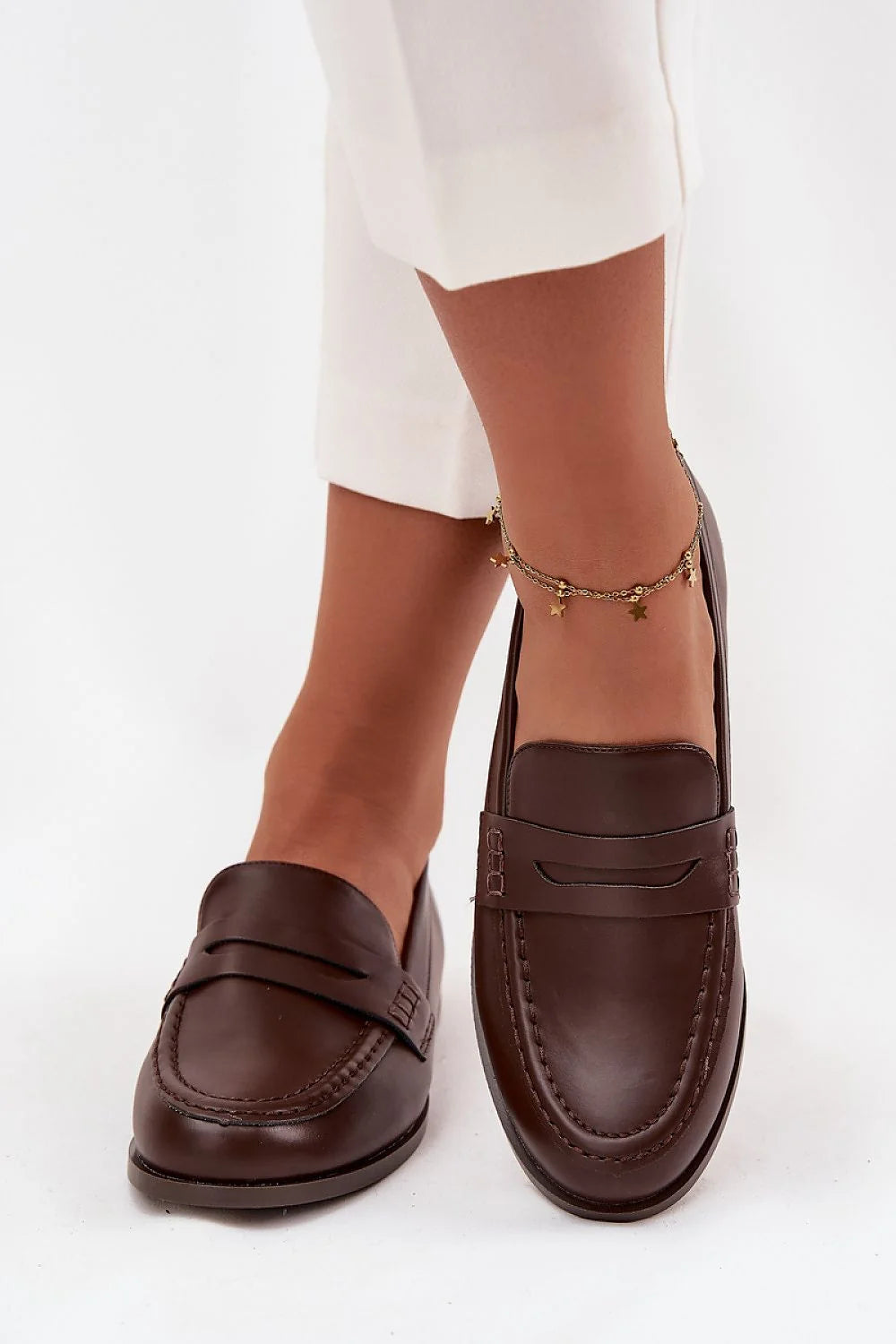 mocassins femme simili cuir brun foncé loafers penny bout rond surpiqué bride slipon talon bas semelle plate confortable