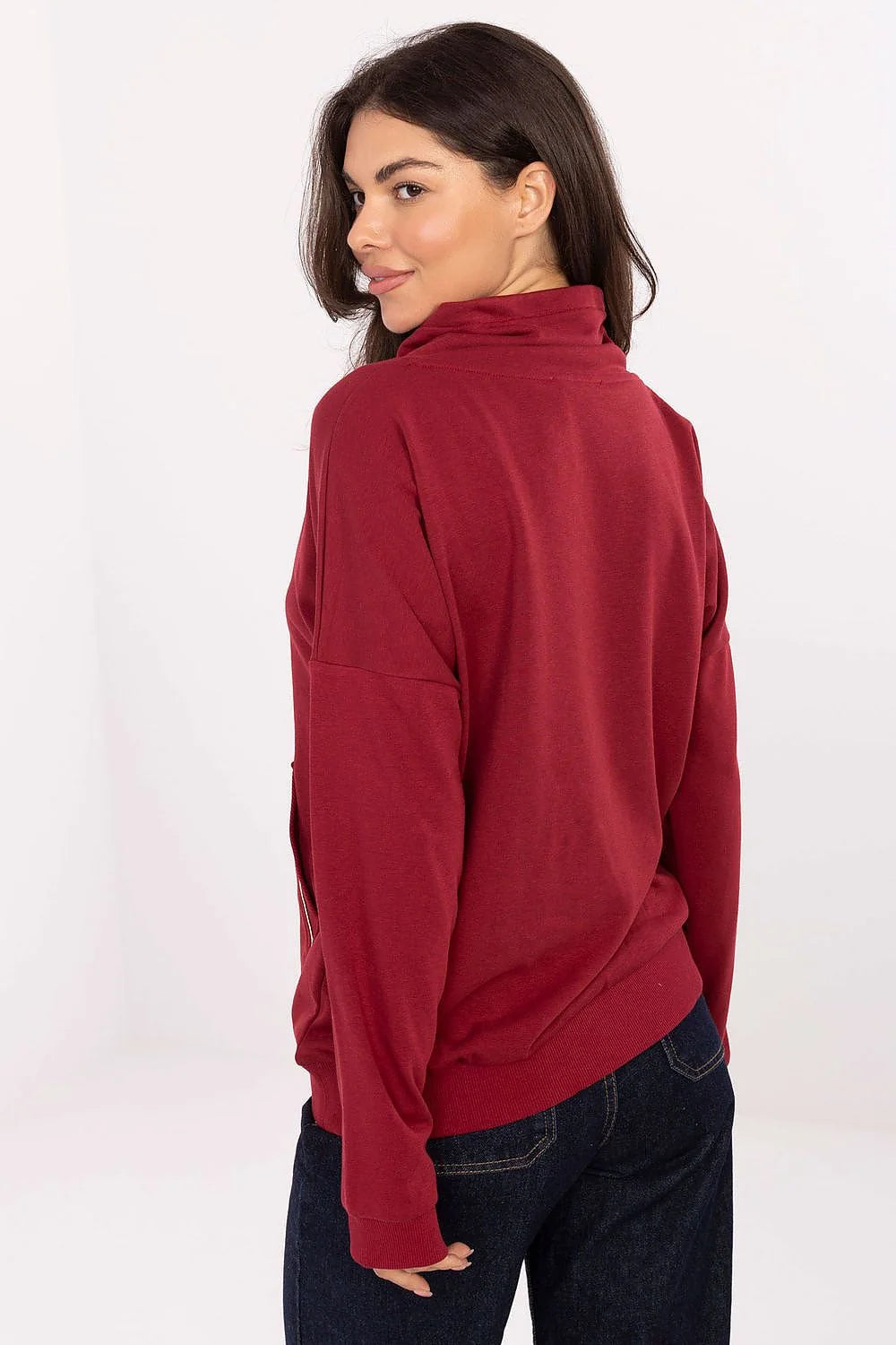 sweatshirt femme casual bordeaux molleton coton elasthanne stretch douceur col cheminée manches longues emmanchure tombante poche kangourou fermetures éclair dorées