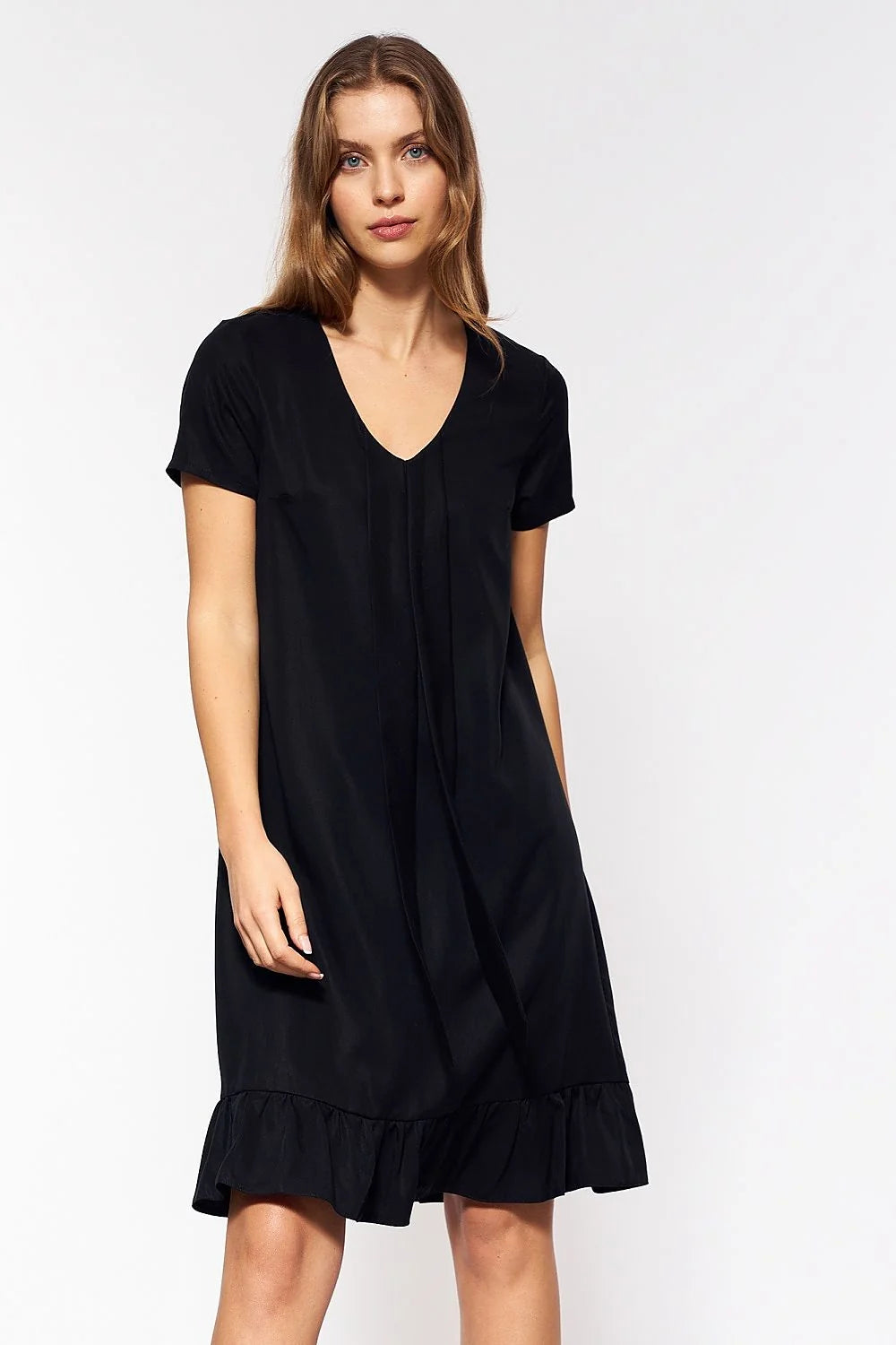 Robe de jour Nife design épuré élégant viscose spandex coupe droite genoux décolleté V nœud central manches courtes style décontracté semi-formel couleur rouge garde-robe moderne femme