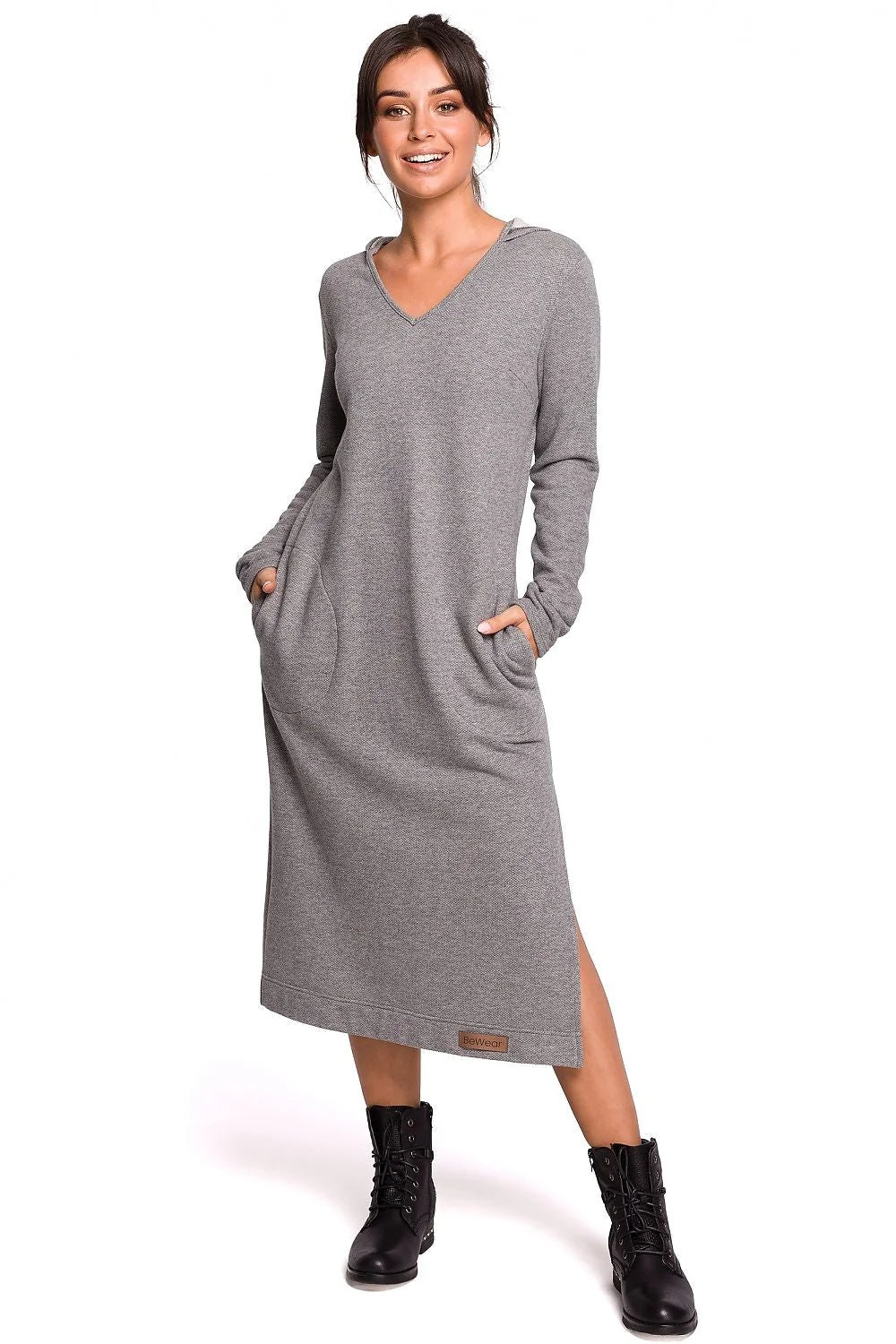 Robe longue maille coton ample élégante et confortable avec fente moderne pour femme décontractée