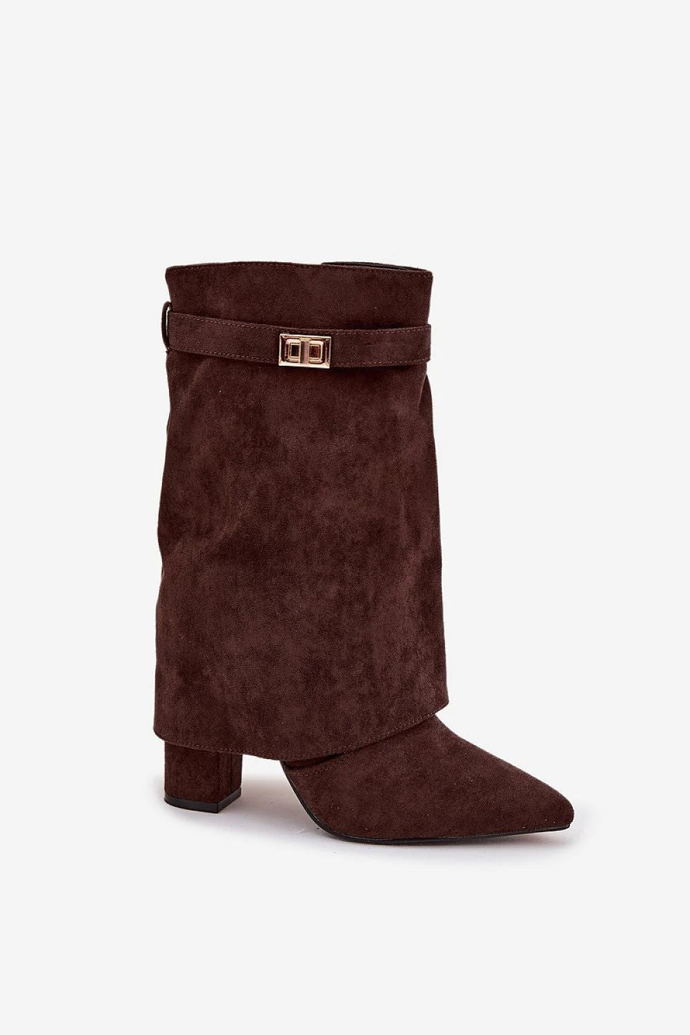 bottines femme suédine marron foncé bout pointu talon bloc mi mollet tombé plissé fermeture zippée bride boucle dorée