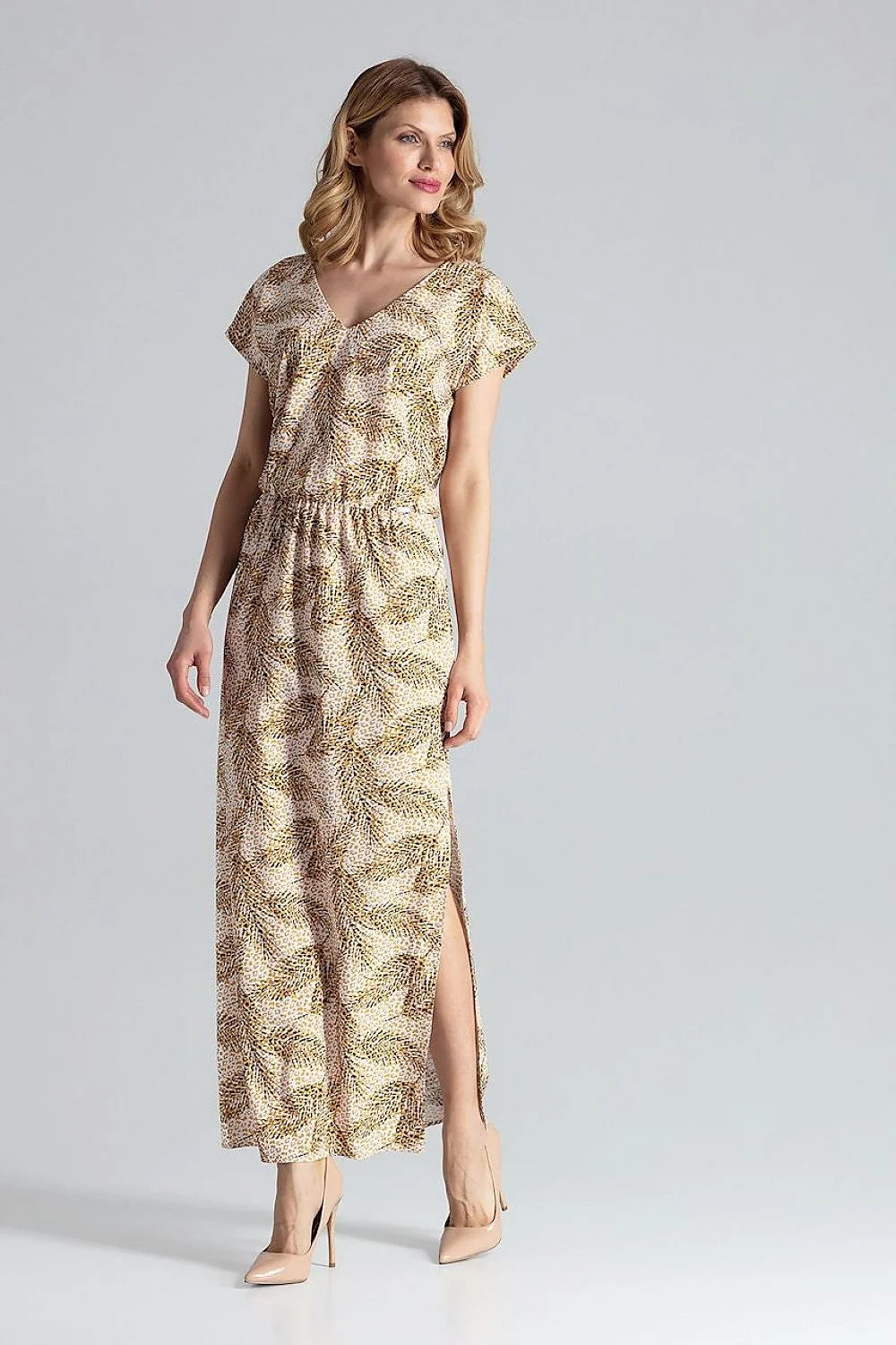 Robe élégante pour femme longue manches courtes décolleté V taille élastiquée motif animalier beige et marron