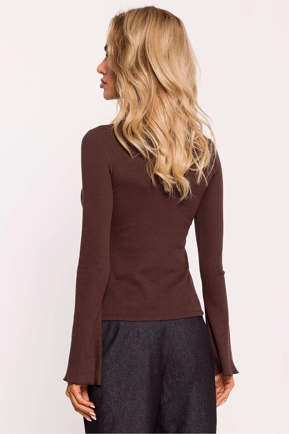 chemisier Moe ajusté jersey côtelé coton élasthanne polyester manches longues évasées col rond marron chocolat sophistiqué polyvalent élégant soyeux polonais