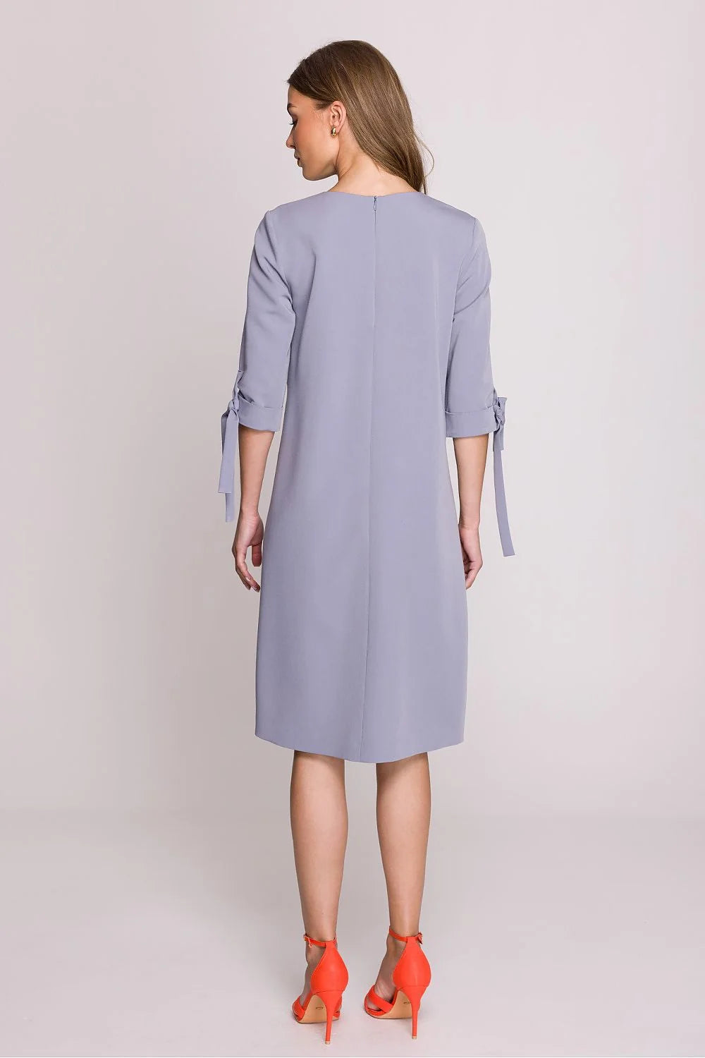 Robe femme style minimal semi-formel office Polyester/blue doux manches 3/4 noeuds decoratifs coupe droite genou longueur occasion versatile