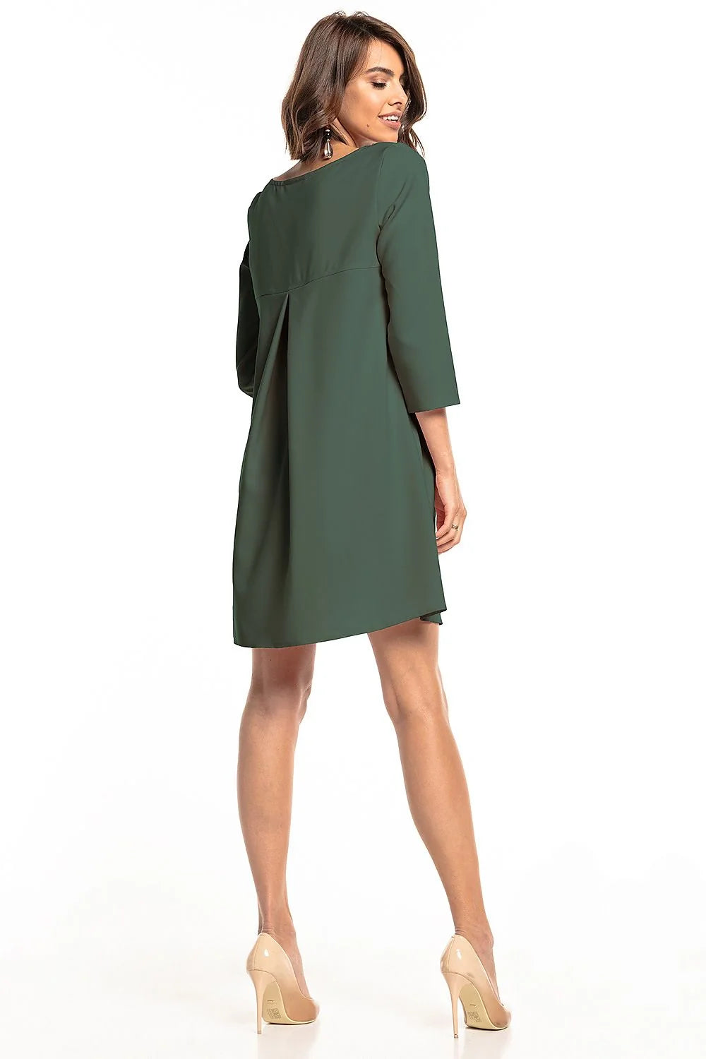Robe élégante en polyester vert foncé coupe droite chic manches trois-quarts ourlet asymétrique