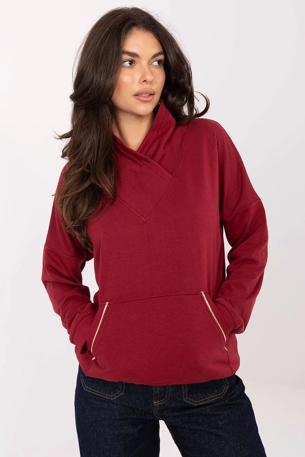 sweatshirt femme casual bordeaux molleton coton elasthanne stretch douceur col cheminée manches longues emmanchure tombante poche kangourou fermetures éclair dorées