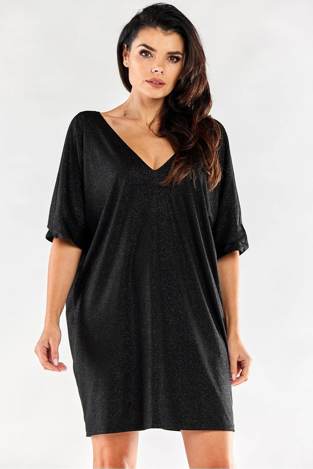 robe soirée rouge éclatante manches trois quarts col V plongeant coupe oversize tunique mi cuisses stretch irisé métallisé élasthanne confortable
