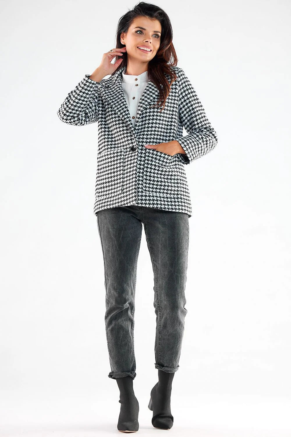 Veste houndstooth classique pour femme en polyester 100% coupe droite bouton central poches carrées doublée Tailles S M L XL