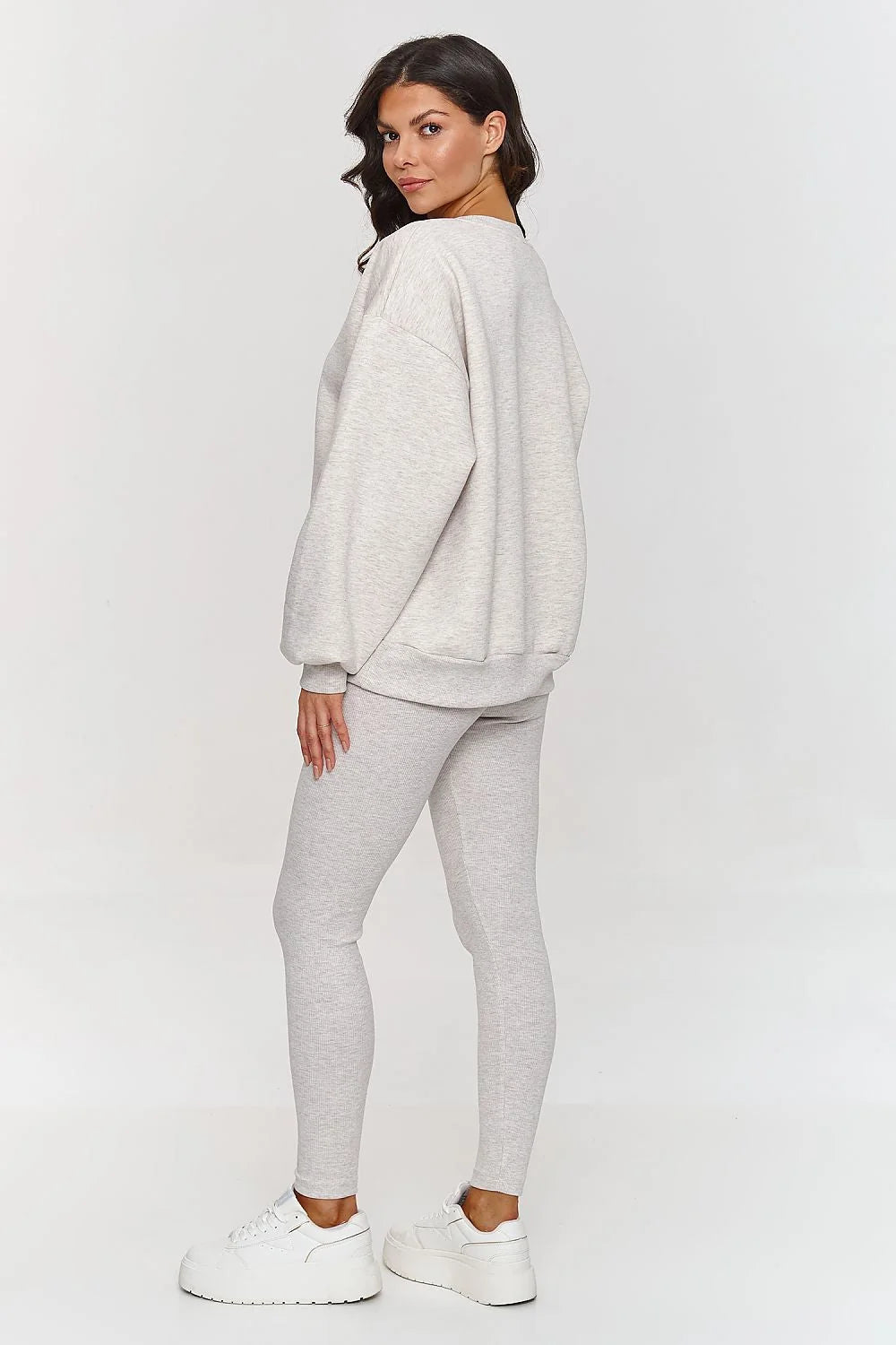 Makadamia ensemble loungewear femme survêtement sweat oversize manches ballon legging slim seconde peau coton élasthanne gris chiné molleton confortable luxueux