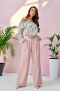 Pantalon femme taille haute jambes larges chaîne dorée polyester viscose bohème floral printemps été Roco Fashion