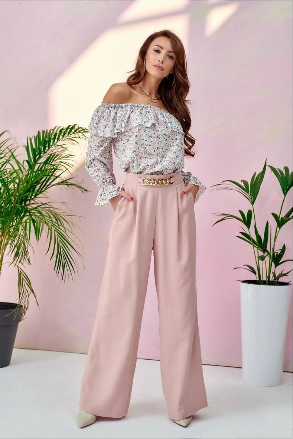 Pantalon femme taille haute jambes larges chaîne dorée polyester viscose bohème floral printemps été Roco Fashion