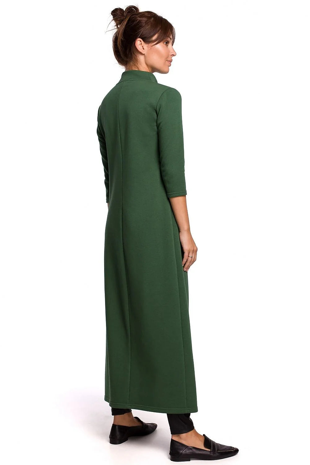 Robe longue élégante coupe droite col montant manches trois-quarts fente latérale coton polyester femme occasionnels