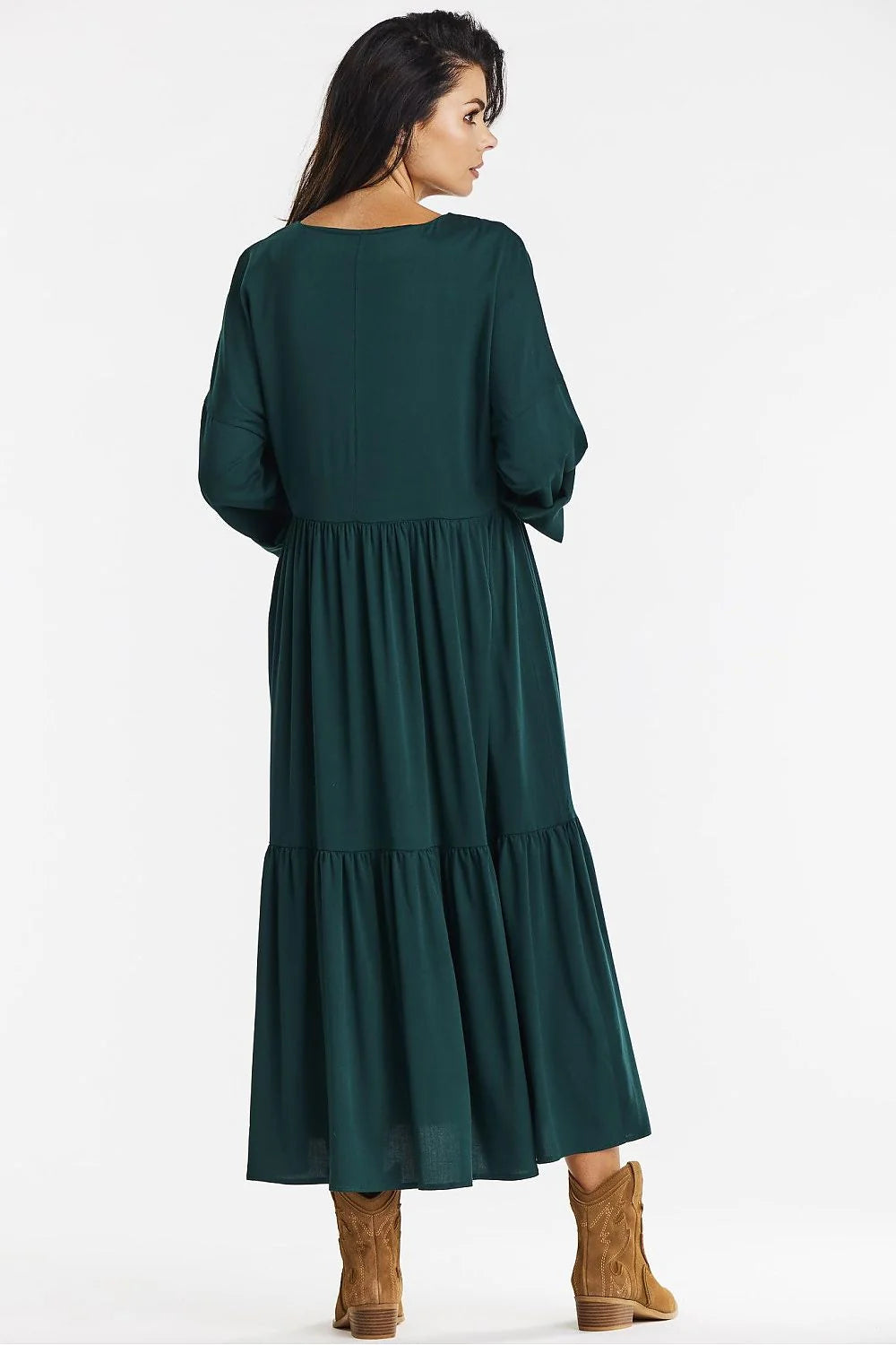 Robe longue ample style kimono vert émeraude manches longues décolleté V en viscose femme occasionnels