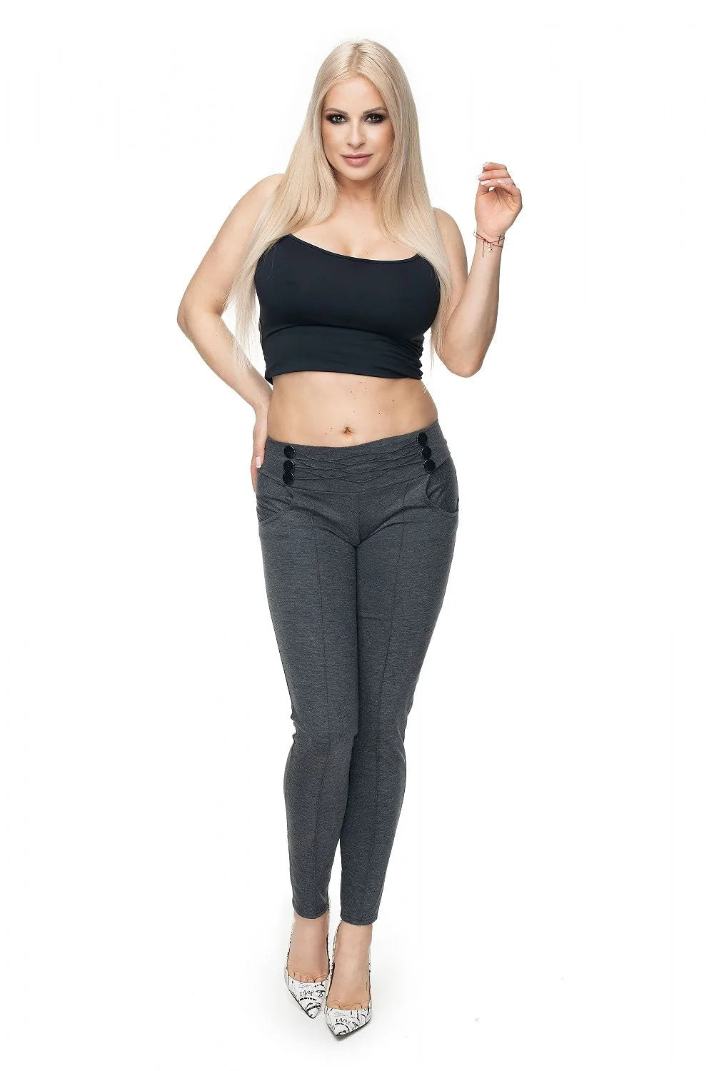 Pantalon long ajusté femme Pee Ka Boo slim fit taille basse boutons décoratifs longueur cheville visuels épurés polyester viscose