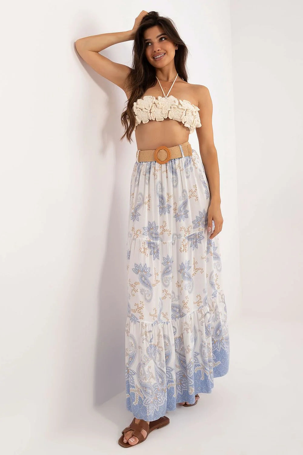 Robe deux pièces bohème estival imprimé paisley motif floral viscose deux teintes bleu beige femme