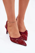 Escarpins à talons hauts en dentelle bordeaux pour femmes, style élégant, occasion formelle, talon 8 cm, taille 36-39