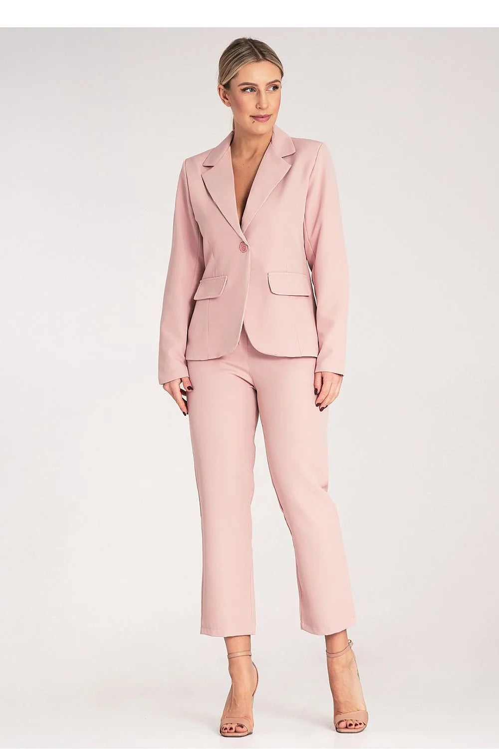 Tailleur-pantalon féminin élégant coupe ajustée rose pâle veste à col à revers pantalon droit polyester 5% élasthanne 95%