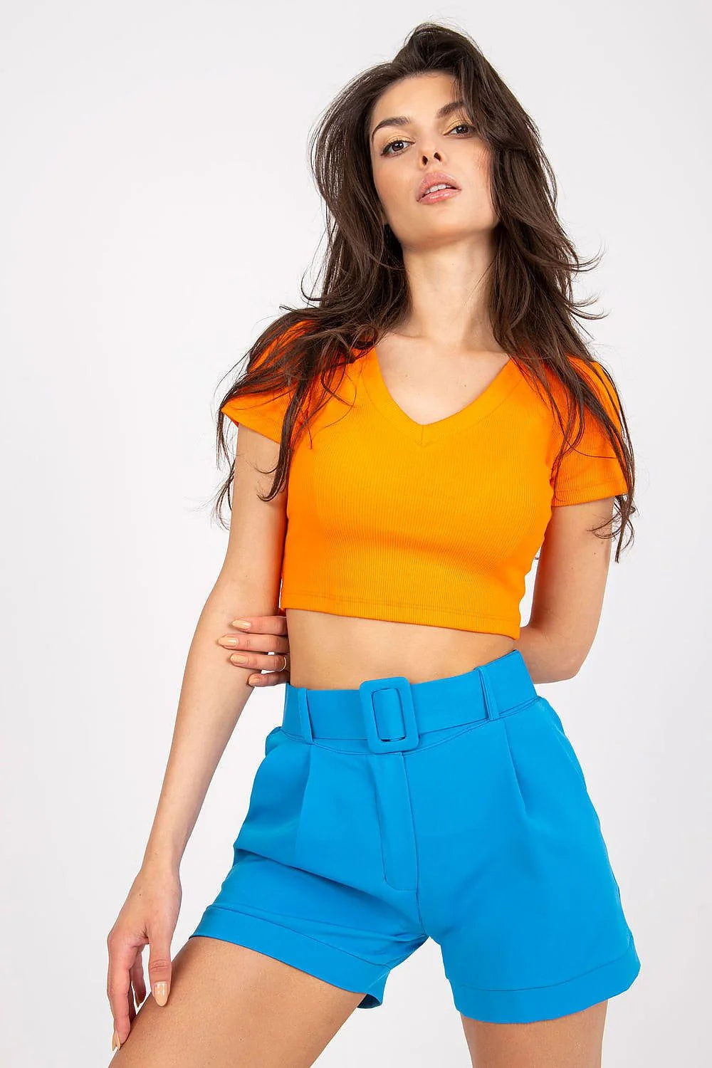 Shorts à taille haute femme mode citron vert fermeture glissière poches côtés ceinture assortie polyester élasthanne