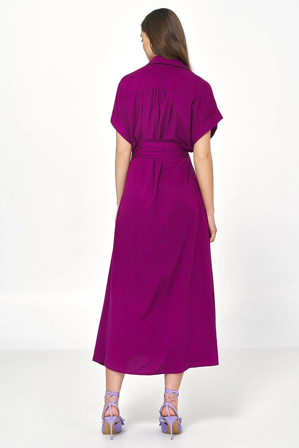 Robe de jour élégante fuchsia chemisier manches courtes ceinture boutons fente longueur mollet femme