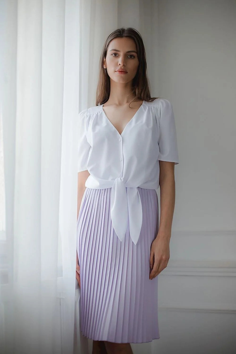 robe femme coton élégante motifs géométriques bleu pastel manches bouffantes décolleté noeud taille jupe plissée midi fluide soyeuse