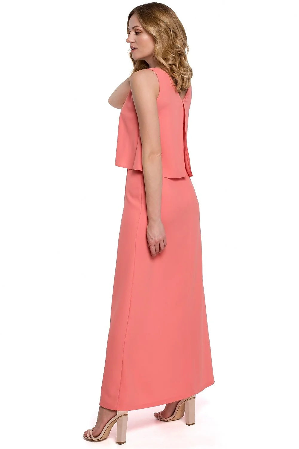 Robe cocktail polyester élasthanne longue corail sans manches élégante moderne fente latérale femme soirées
