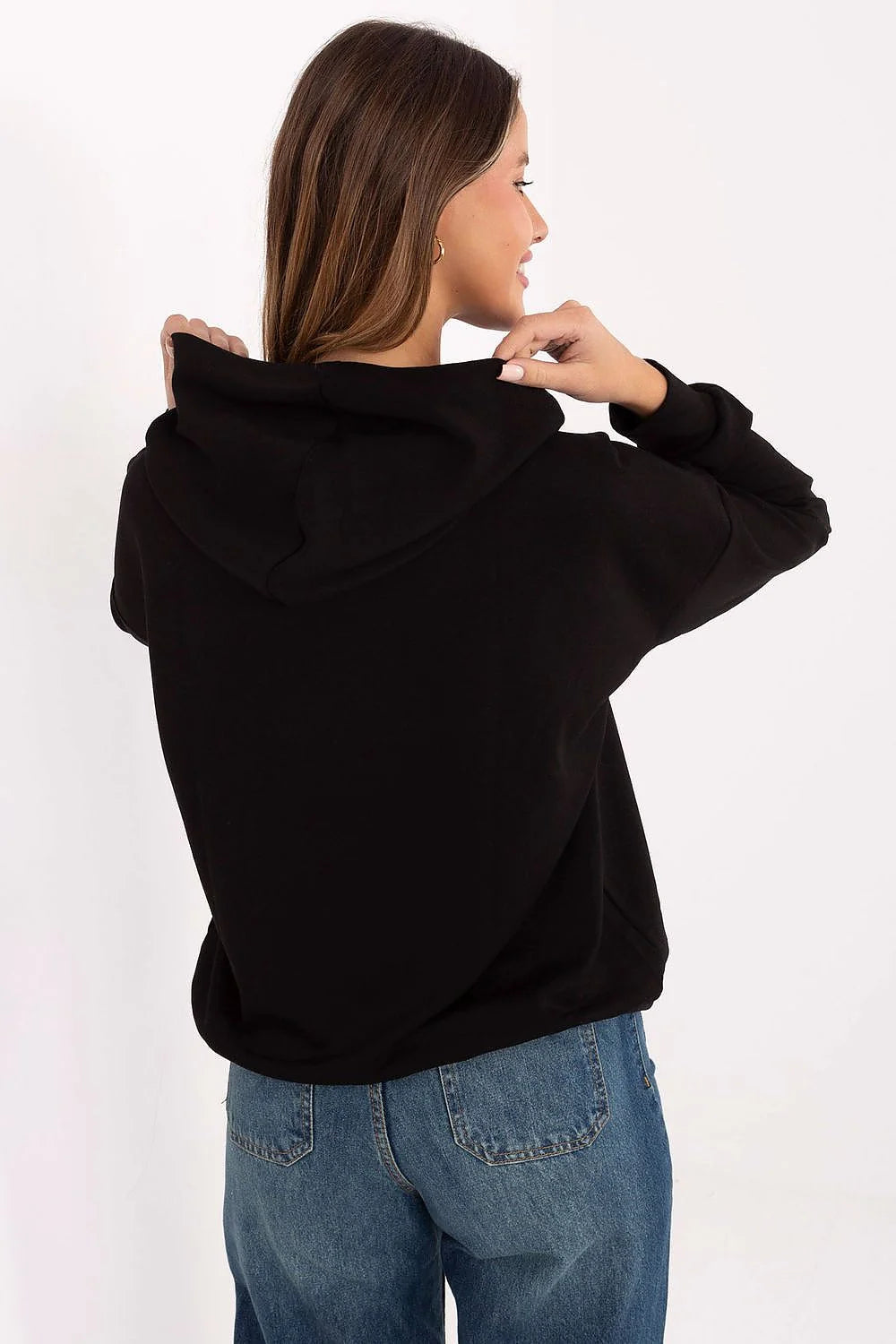sweatshirt capuche femme noir décontracté oversize manches longues emmanchures tombantes molleton doux lisse viscose polyester elasthanne bordcotes poignets logos discrets