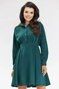 Robe chemisier couleur vert foncé style élégant coupe évasée manches longues ceinture intégrée femme occasion versatile