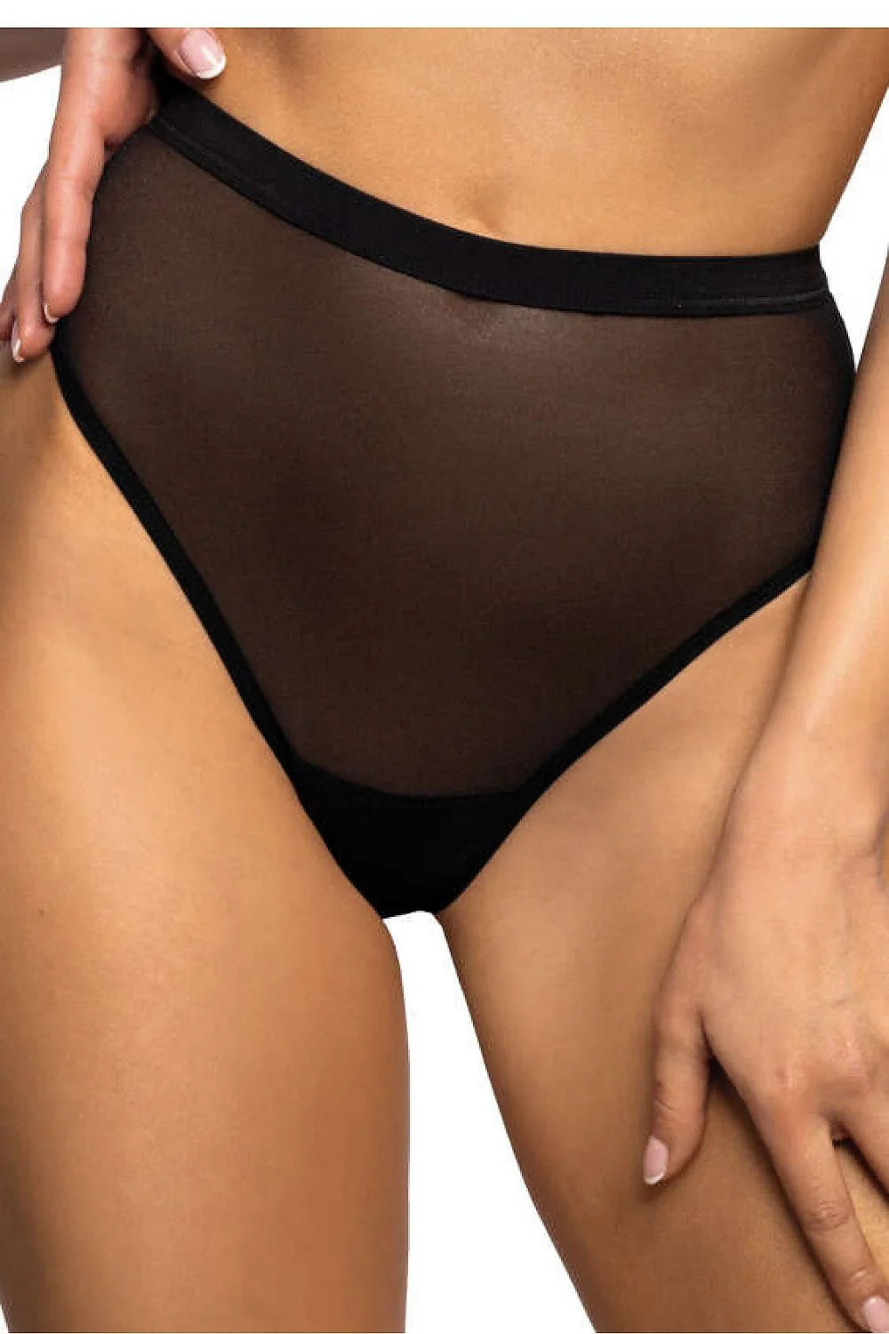 Sous-vêtement féminin moderne en maille transparente noire taille haute élastique string With coupe échancrée pour silhouette élégante sensuelle