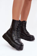 bottines femme cuir écologique noir montantes lacets plateforme massive crantée semelle gomme antidérapante bout rond intérieur doublé maintien