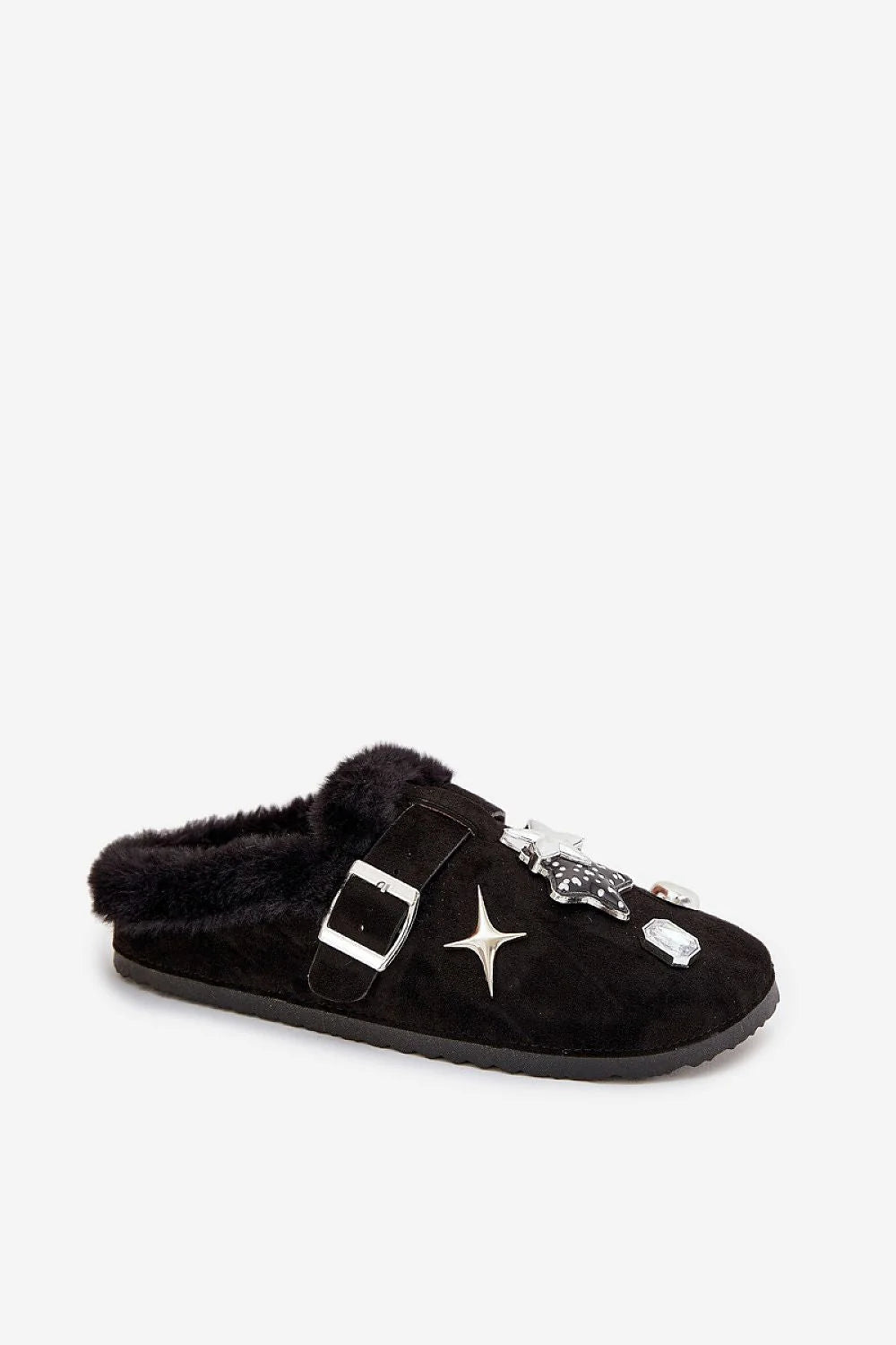 chaussons femme suédine noir doublure fourrure effet mouton bout rond semelle plate confortable chaleureux ornements étoiles strass bride boucle réglable