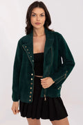 Veste élégante pour femme en laine mixte coupe droite col asymétrique vert foncé finitions dorées manches longues fermeture éclair poignet ajustable