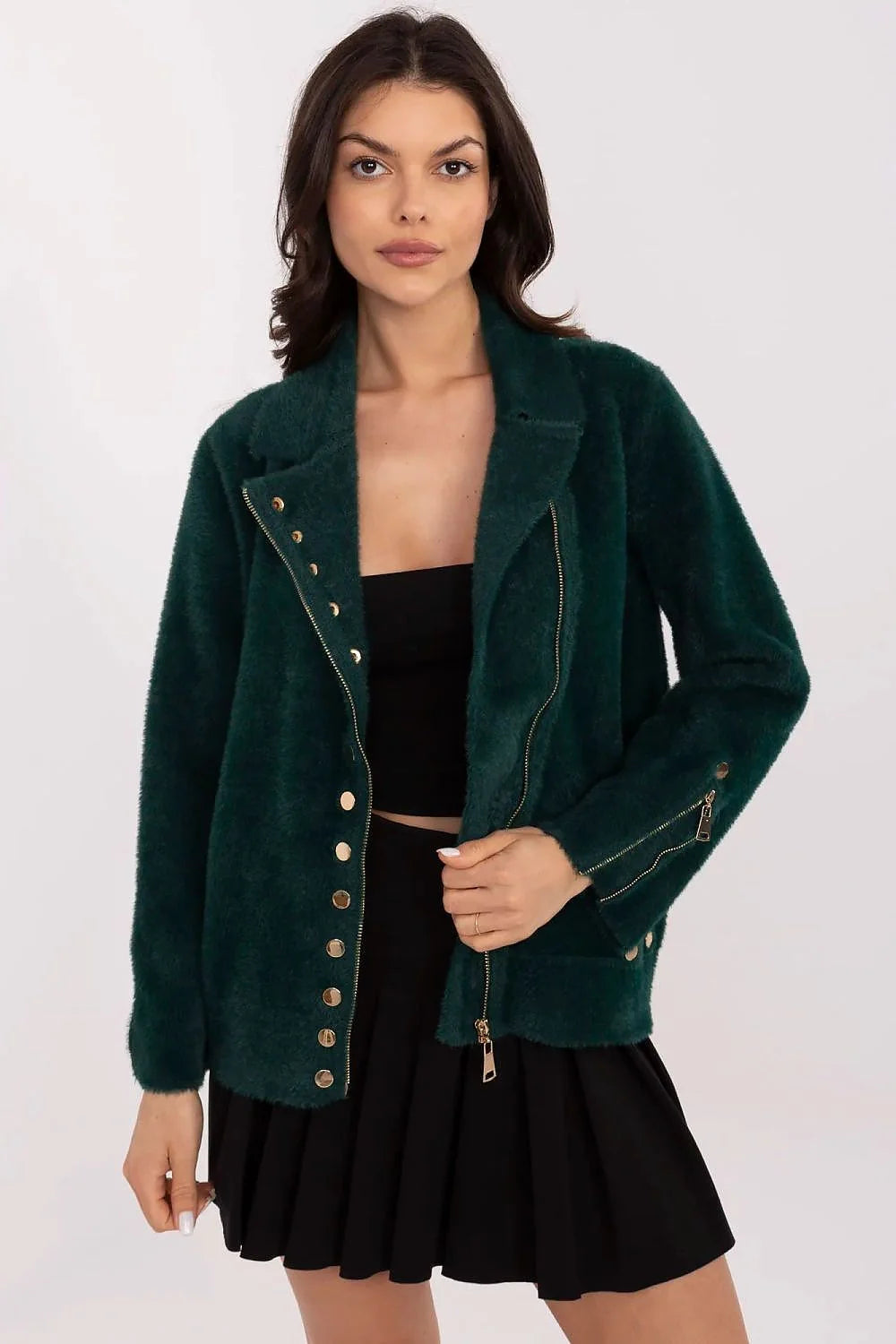 Veste élégante pour femme en laine mixte coupe droite col asymétrique vert foncé finitions dorées manches longues fermeture éclair poignet ajustable