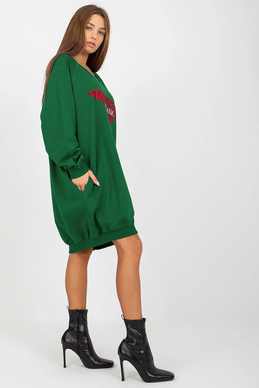 Robe pull décontractée femme style casual chic longueur prolongée motif losange MILANO vert profond manches longues coupe ample