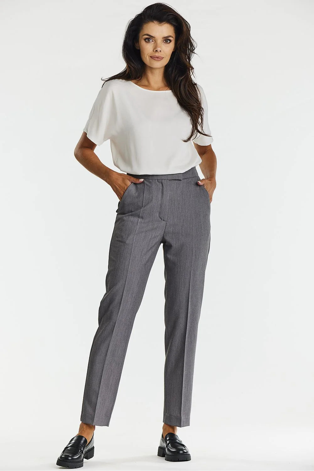 pantalon femme Awama gris chiné taille haute coupe droite plis centraux viscose polyester poches italiennes braguette invisible longueur cheville