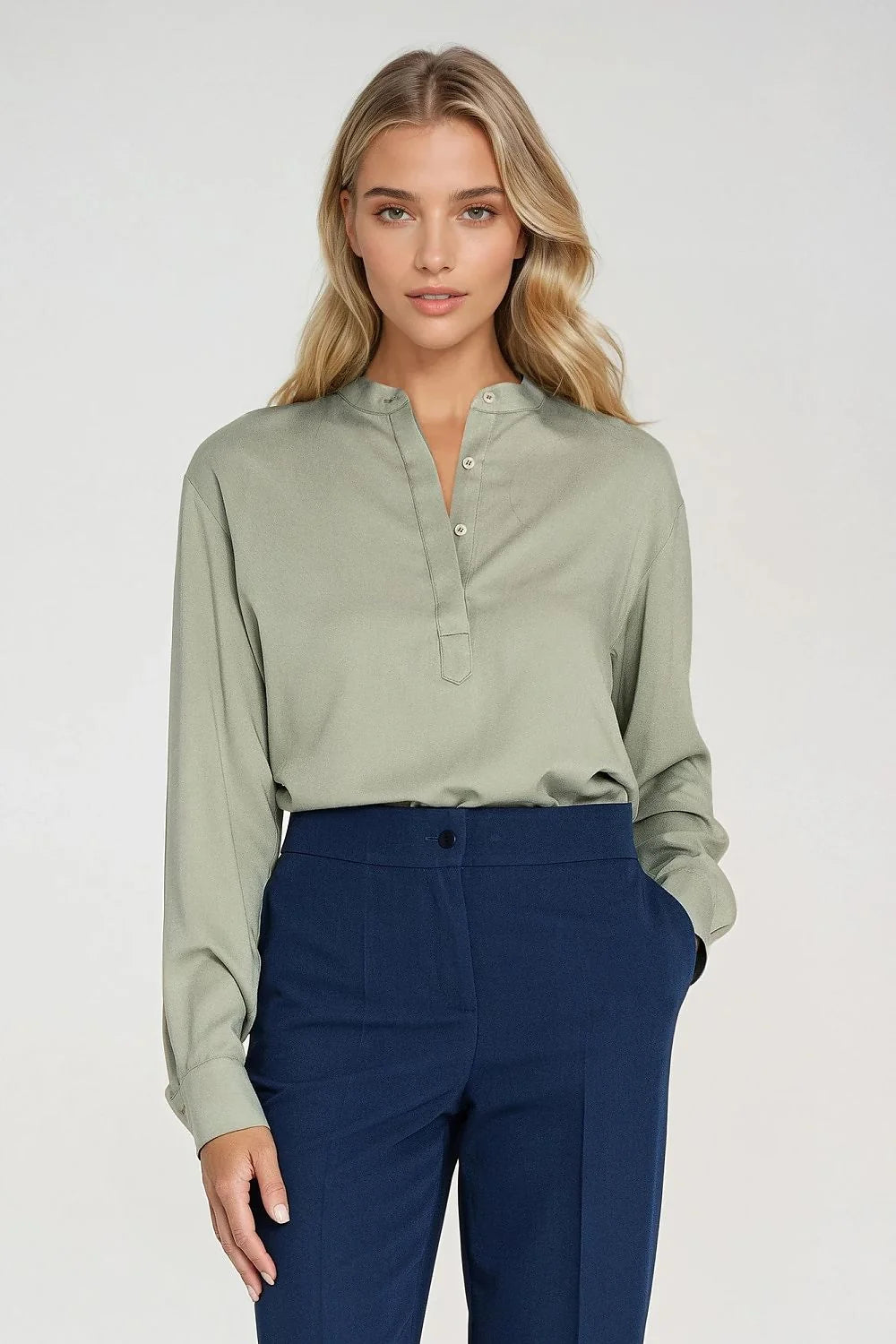 chemise oversize femme viscose légère col mandarin montant manches longues poignets boutonnés boutonnage cachée minimaliste élégant vert sauge