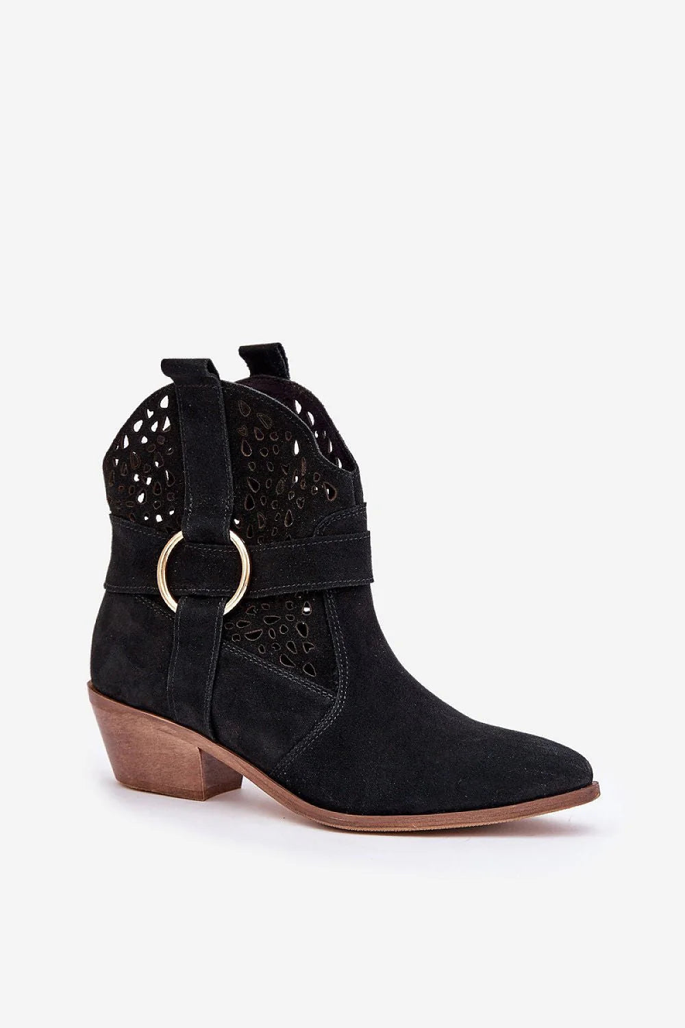 Bottes élégantes à talons bas en cuir suédé noir design western motifs découpés anneau métallique doré femmes