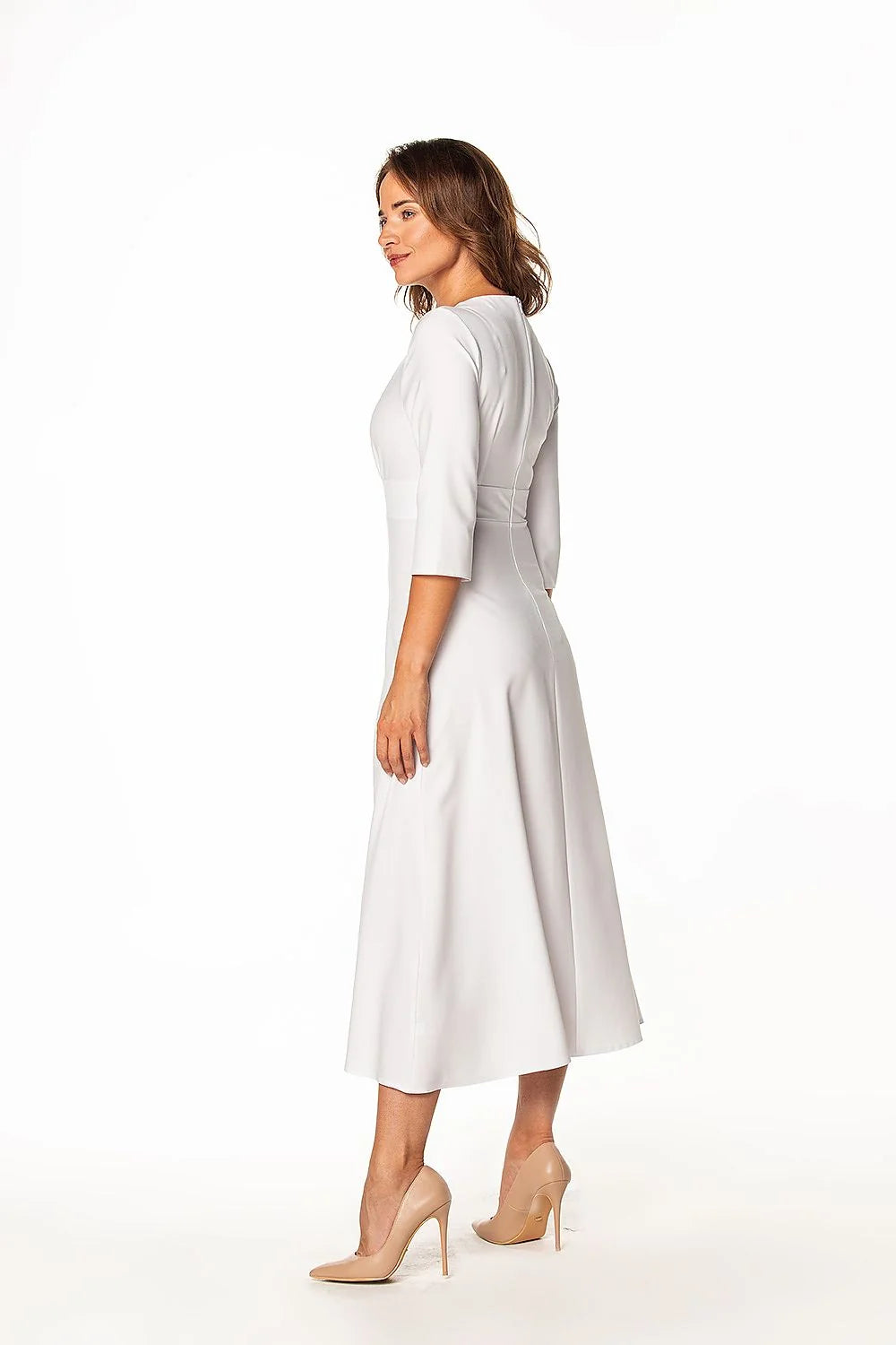 Robe de jour élégante coupe midi décolleté en V manches 3/4 bande à la taille taille ajustable femme